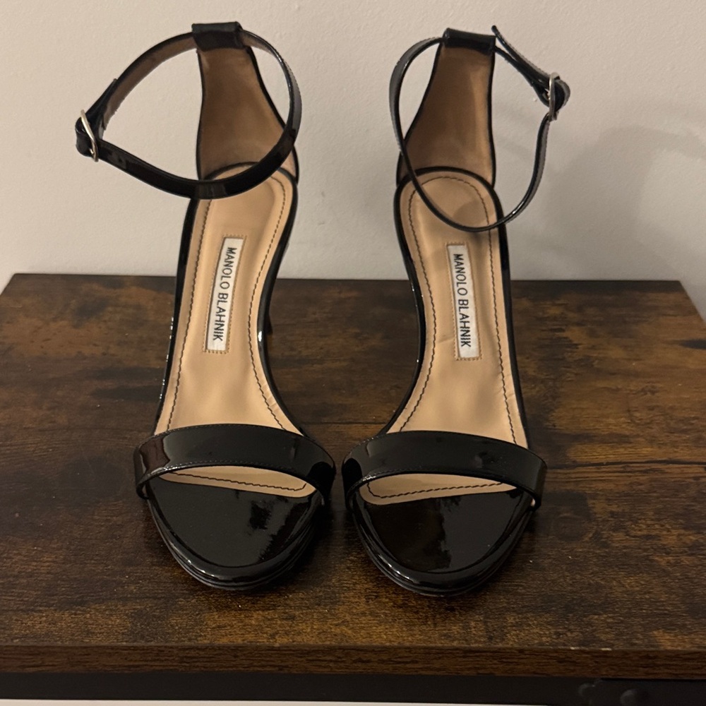 Manolo Blahnik Chaos 80mm Black Patent Leather Ankle-Strap Heels